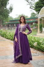 Jyoti Fashion Women's Purple Faux Blooming Sequins Zari Embroidered Long Anarkali Sets