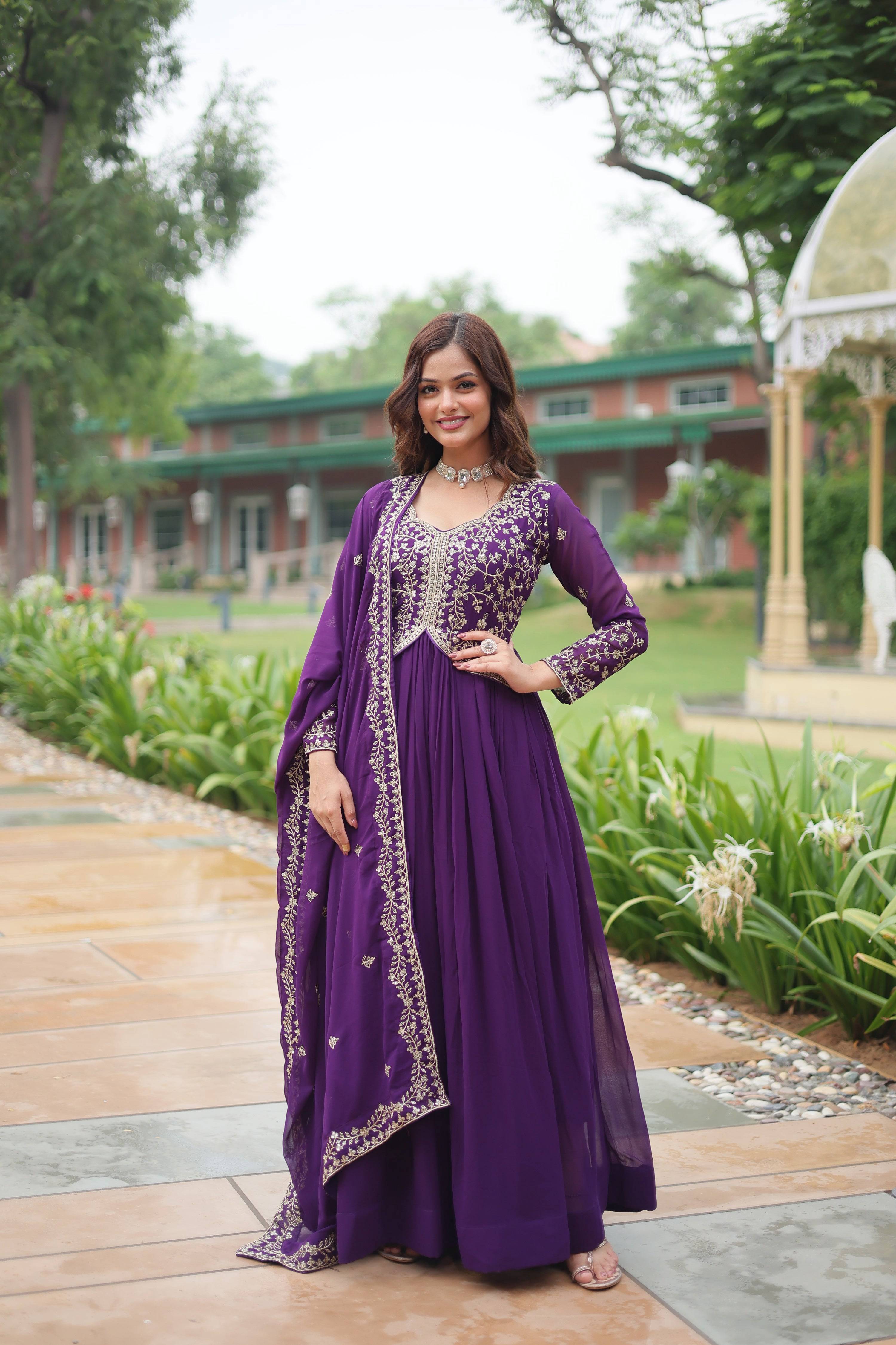 Jyoti Fashion Women's Purple Faux Blooming Sequins Zari Embroidered Long Anarkali Sets