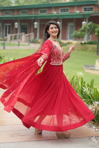 Jyoti Fashion Women's Red Faux Blooming Sequins Zari Embroidered Long Anarkali Sets