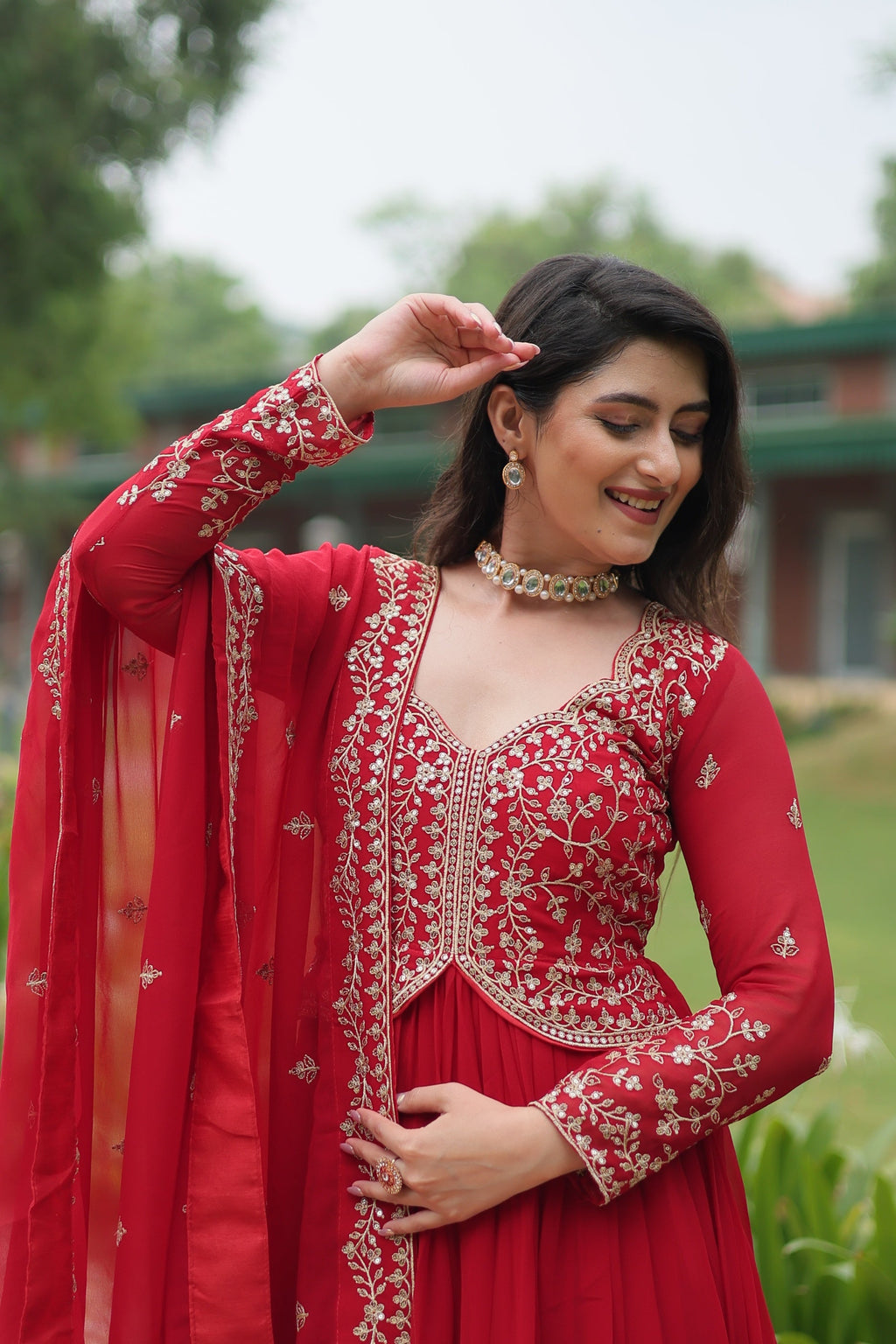 Jyoti Fashion Women's Red Faux Blooming Sequins Zari Embroidered Long Anarkali Sets