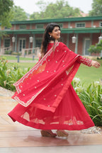 Jyoti Fashion Women's Red Faux Blooming Sequins Zari Embroidered Long Anarkali Sets