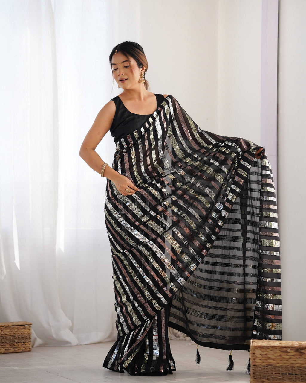 Jyoti Fashion Women's Black Georgette Multi Sequins Designer Saree with Blouse - Distacart
