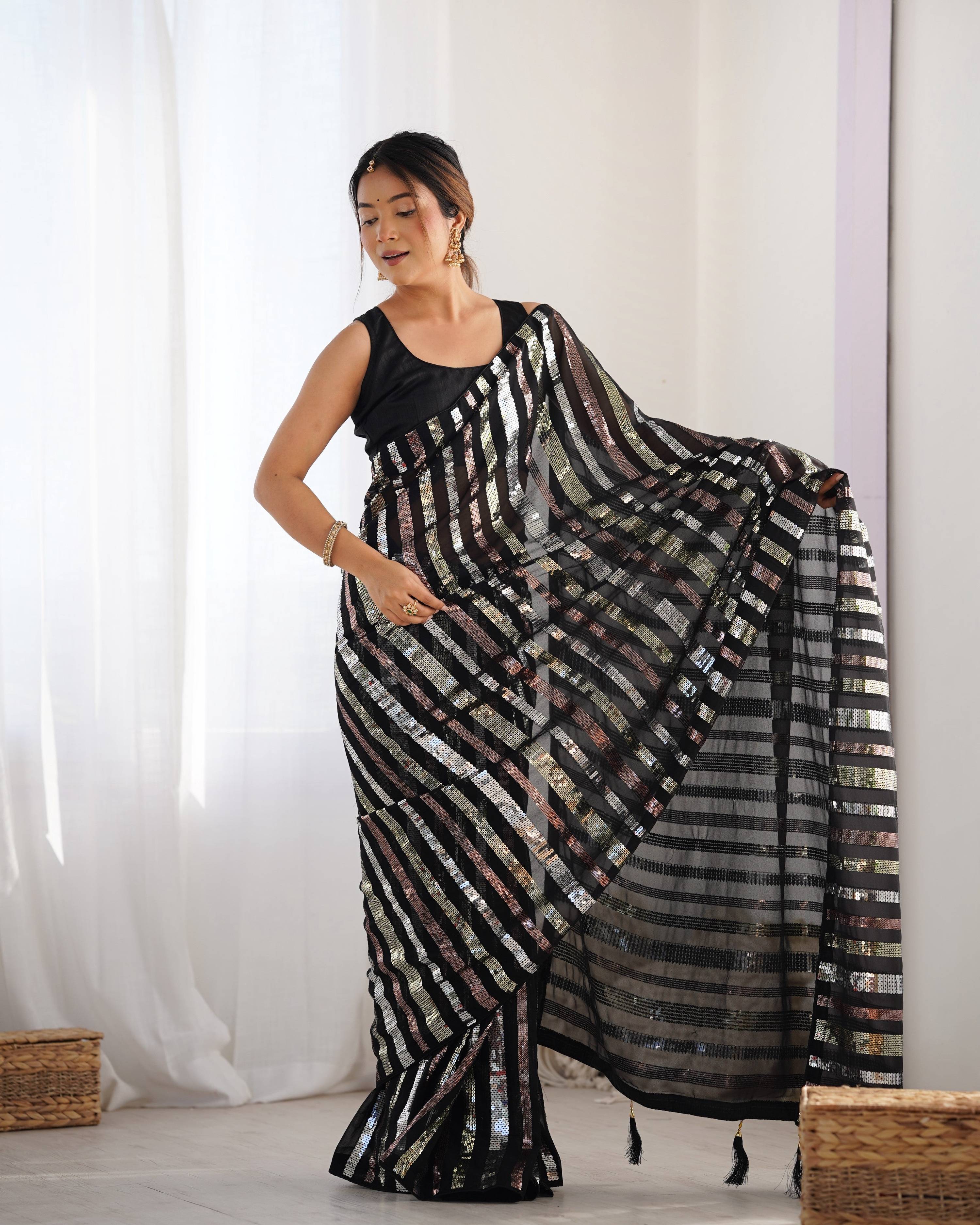 Jyoti Fashion Women's Black Georgette Multi Sequins Designer Saree with Blouse - Distacart