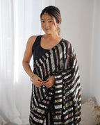 Jyoti Fashion Women's Black Georgette Multi Sequins Designer Saree with Blouse - Distacart