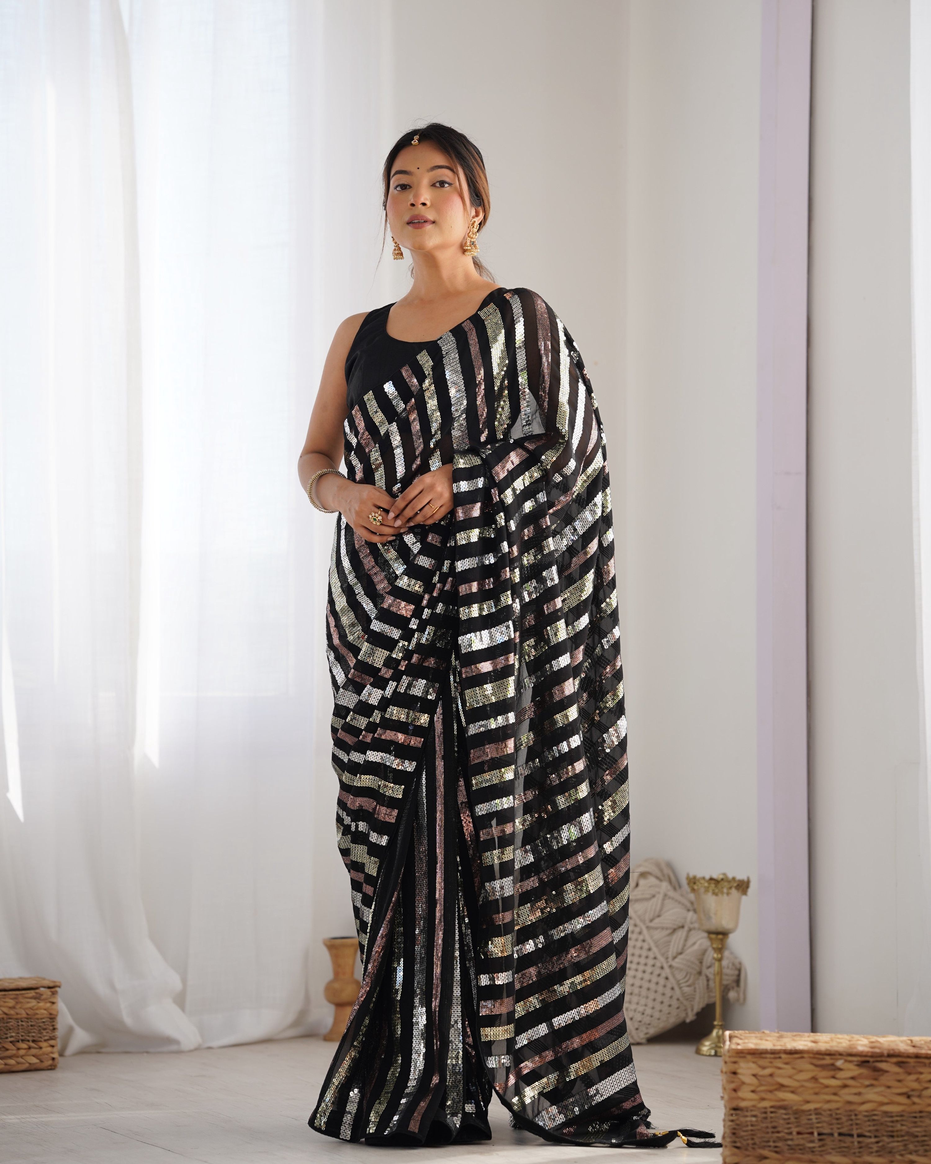 Jyoti Fashion Women's Black Georgette Multi Sequins Designer Saree with Blouse - Distacart
