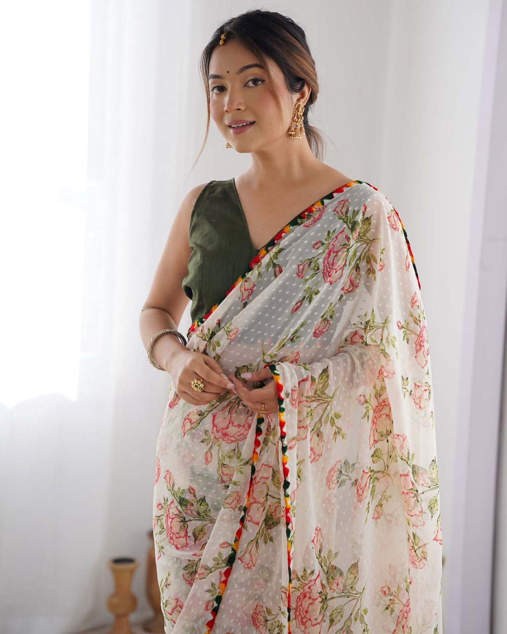Jyoti Fashion Women's Off-White Georgette Printed Designer Saree with Blouse - Distacart