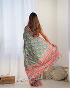 Jyoti Fashion Women's Green Chinon Print with Mirror Work Designer Saree with Blouse - Distacart