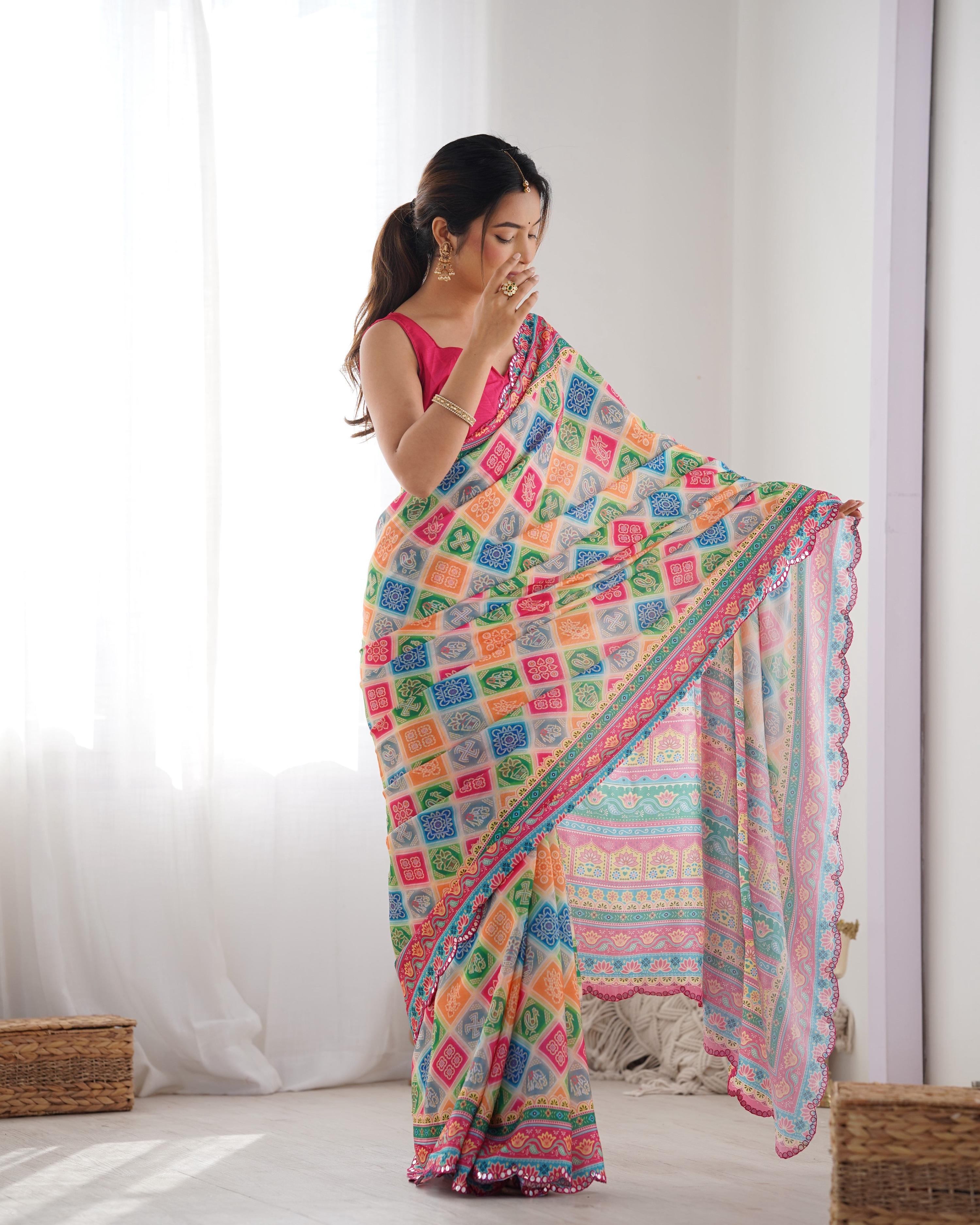 Jyoti Fashion Women's Multicolor Chinon Print with Mirror Work Designer Saree with Blouse - Distacart