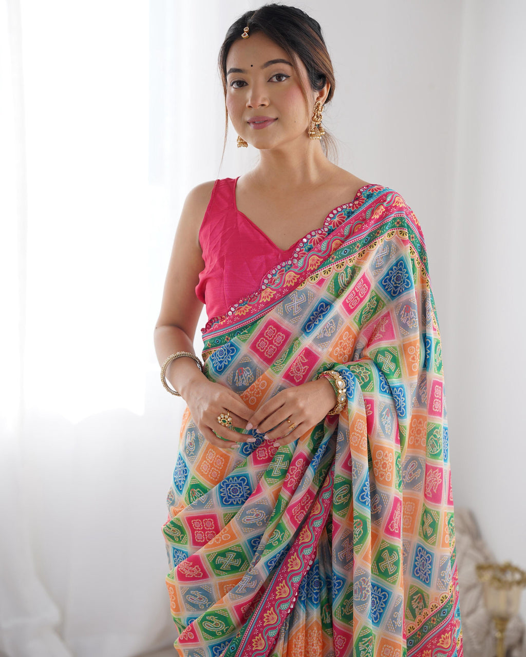 Jyoti Fashion Women's Multicolor Chinon Print with Mirror Work Designer Saree with Blouse - Distacart