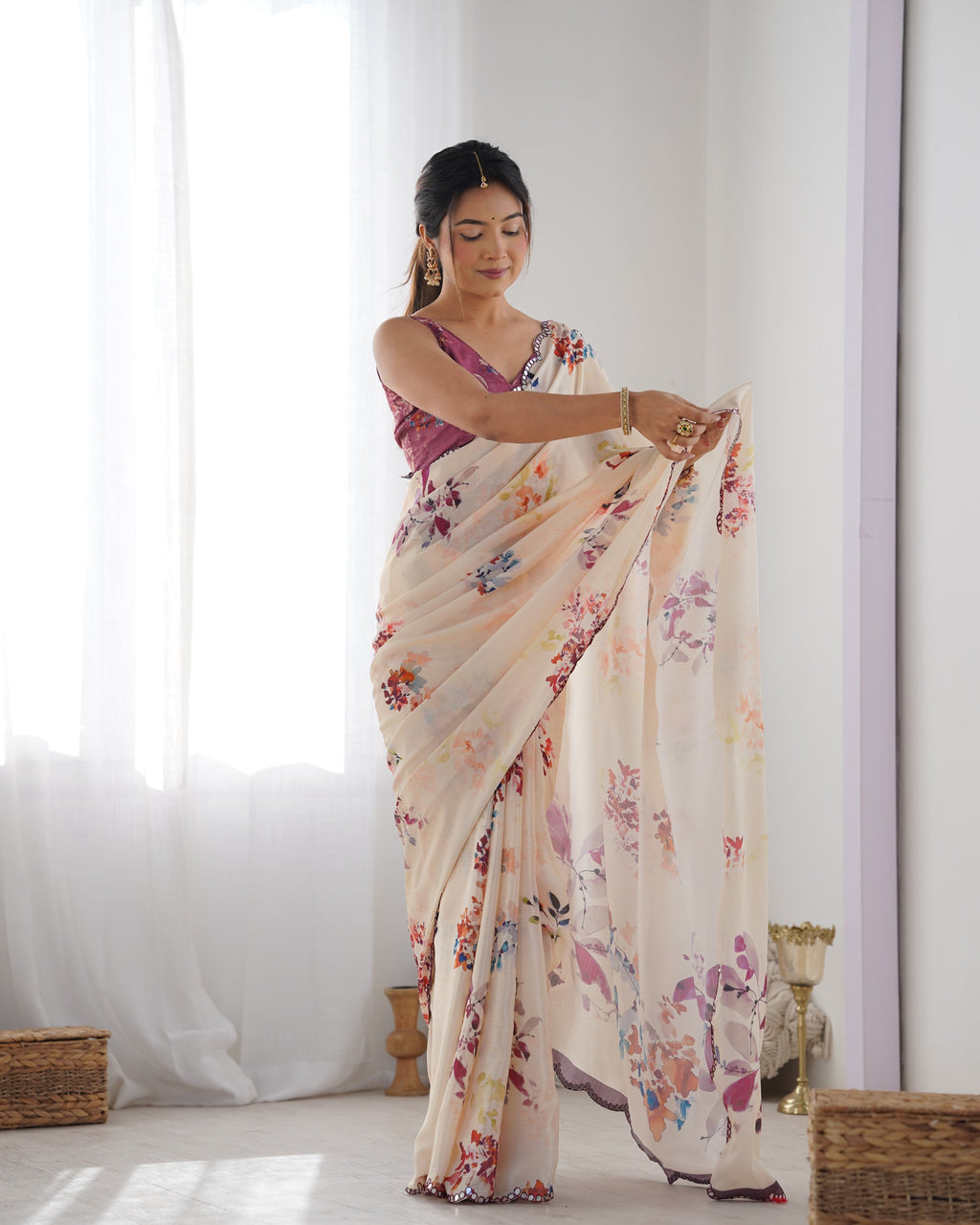 Jyoti Fashion Women's Off White Chinon Print with Mirror Work Designer Saree with Blouse - Distacart