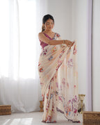 Jyoti Fashion Women's Off White Chinon Print with Mirror Work Designer Saree with Blouse - Distacart