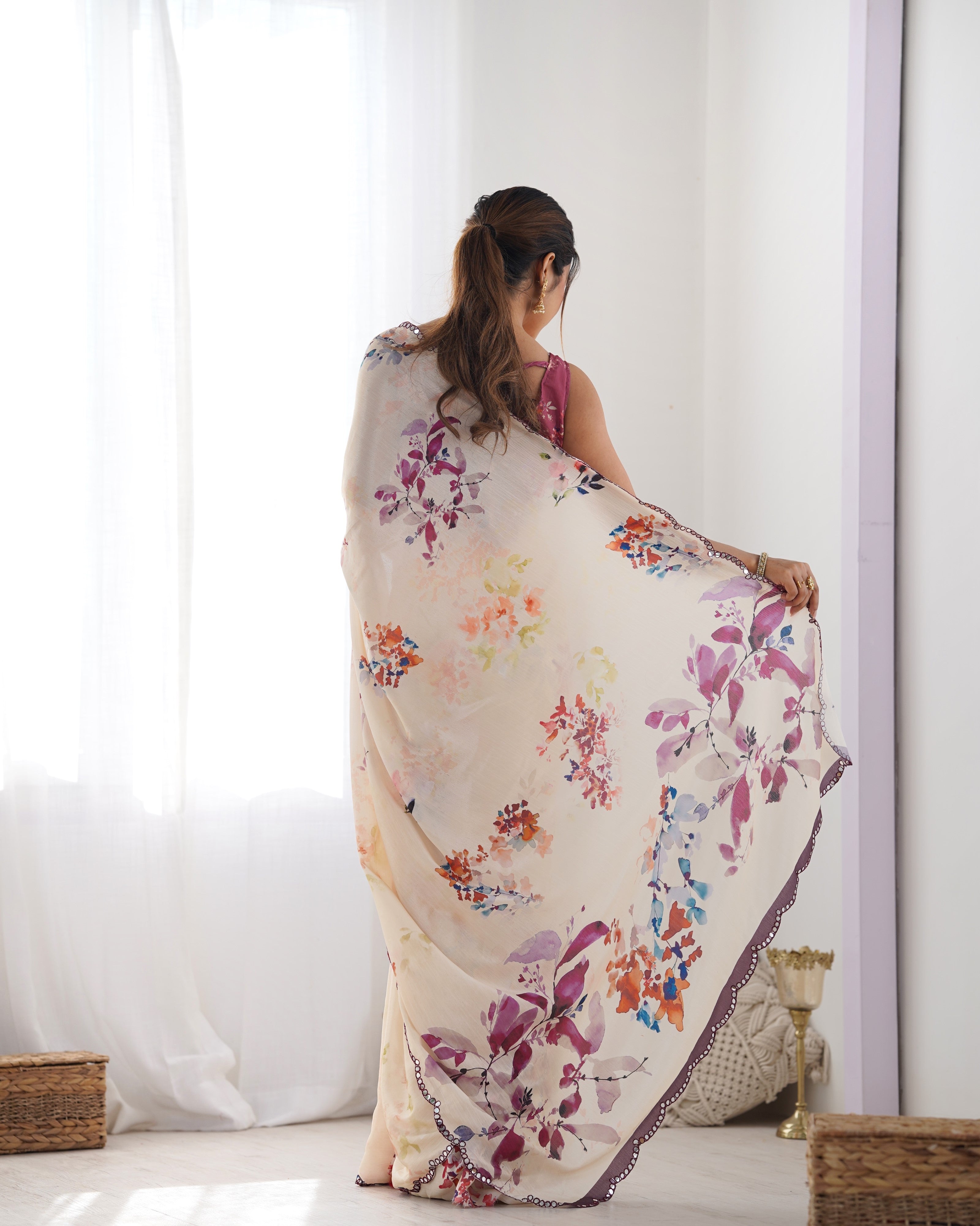 Jyoti Fashion Women's Off White Chinon Print with Mirror Work Designer Saree with Blouse - Distacart