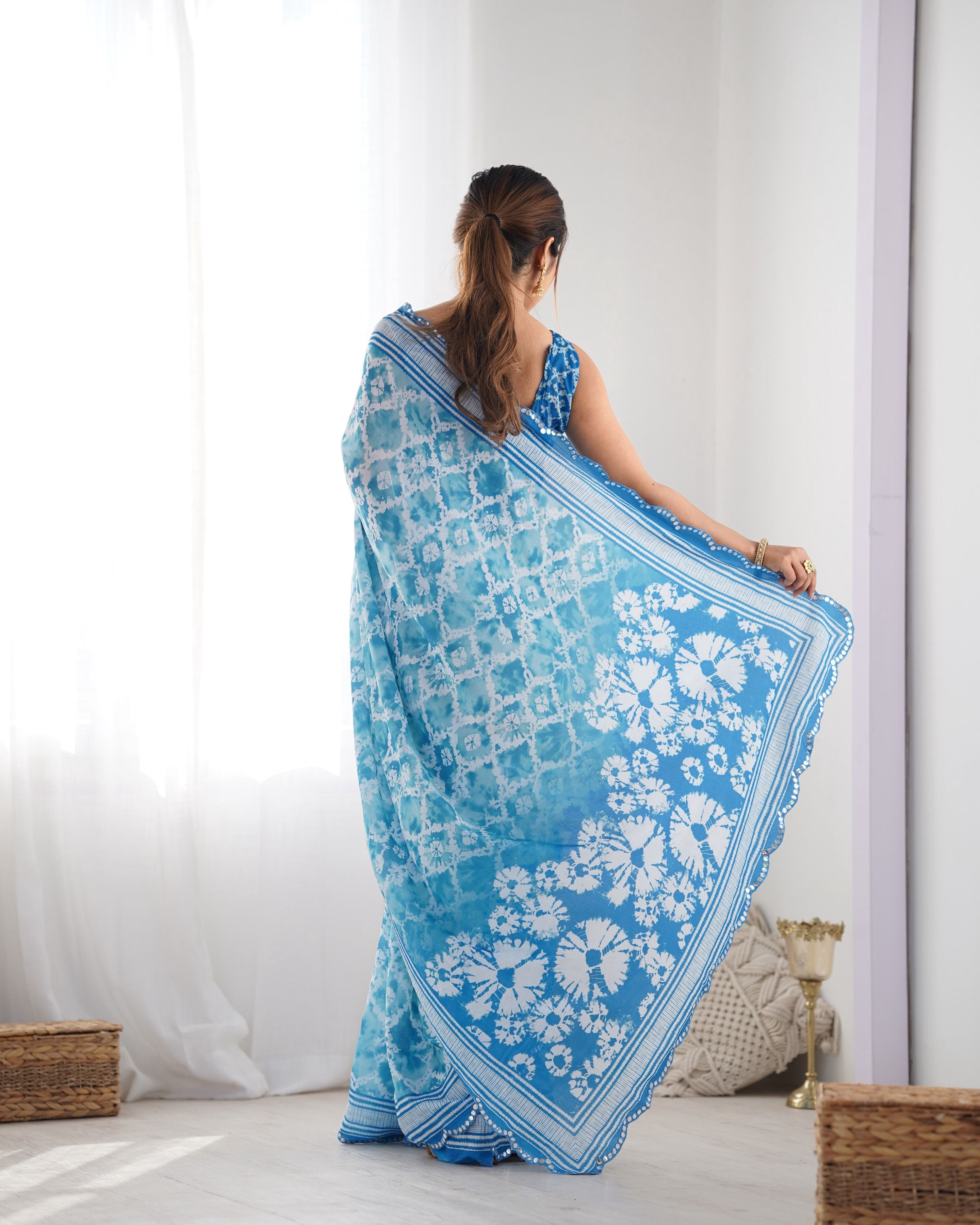 Jyoti Fashion Women's Sky Blue Chinon Print with Mirror Work Designer Saree with Blouse - Distacart