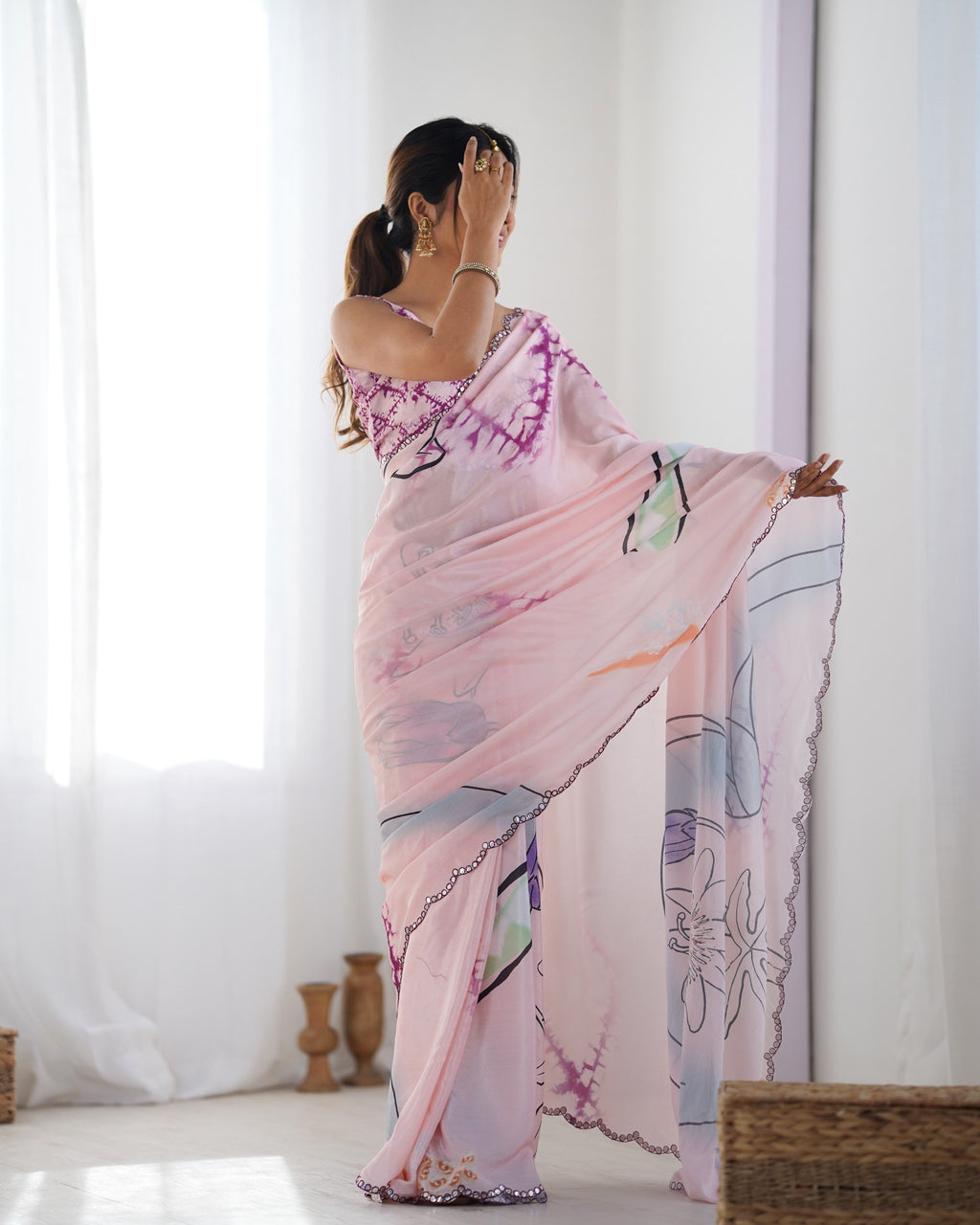 Jyoti Fashion Women's Peach Chinon Print with Mirror Work Designer Saree with Blouse - Distacart