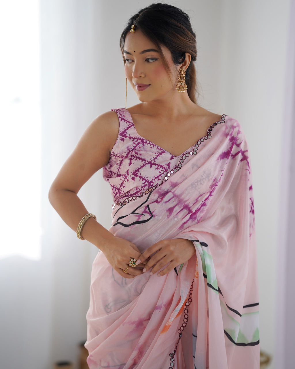 Jyoti Fashion Women's Peach Chinon Print with Mirror Work Designer Saree with Blouse - Distacart