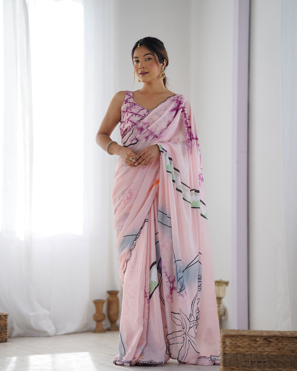Jyoti Fashion Women's Peach Chinon Print with Mirror Work Designer Saree with Blouse - Distacart