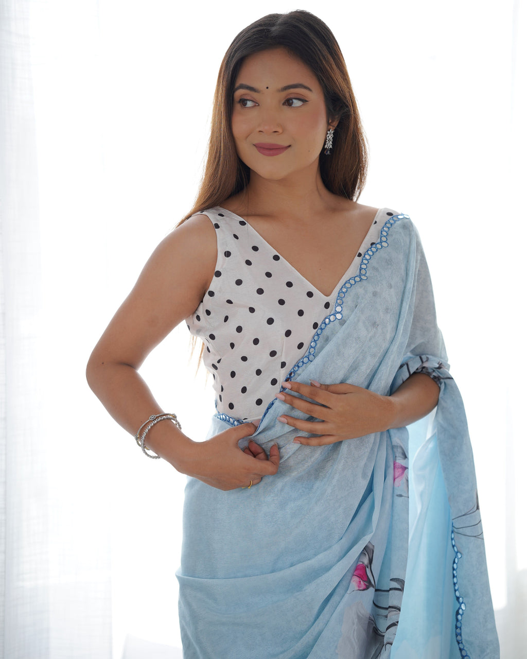 Jyoti Fashion Women's Sky Blue Chinon Print with Mirror Work Designer Saree with Blouse - Distacart