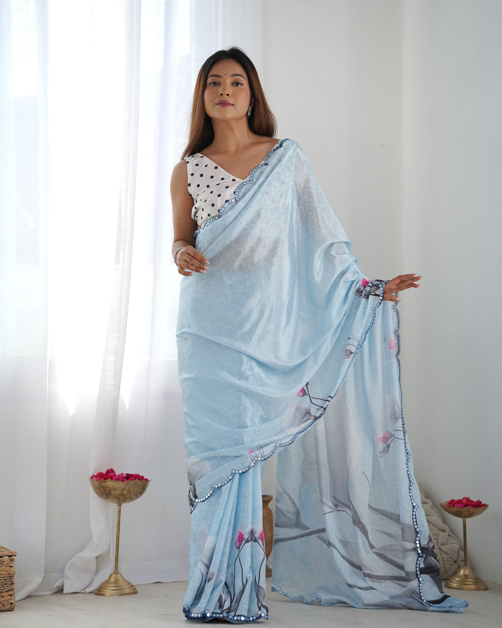 Jyoti Fashion Women's Sky Blue Chinon Print with Mirror Work Designer Saree with Blouse - Distacart