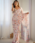 Jyoti Fashion Women's Peach Chinon Print with Mirror Work Designer Saree with Blouse - Distacart