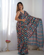 Jyoti Fashion Women's Teal Chinon Print with Mirror Work Designer Saree with Blouse - Distacart