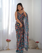 Jyoti Fashion Women's Teal Chinon Print with Mirror Work Designer Saree with Blouse - Distacart
