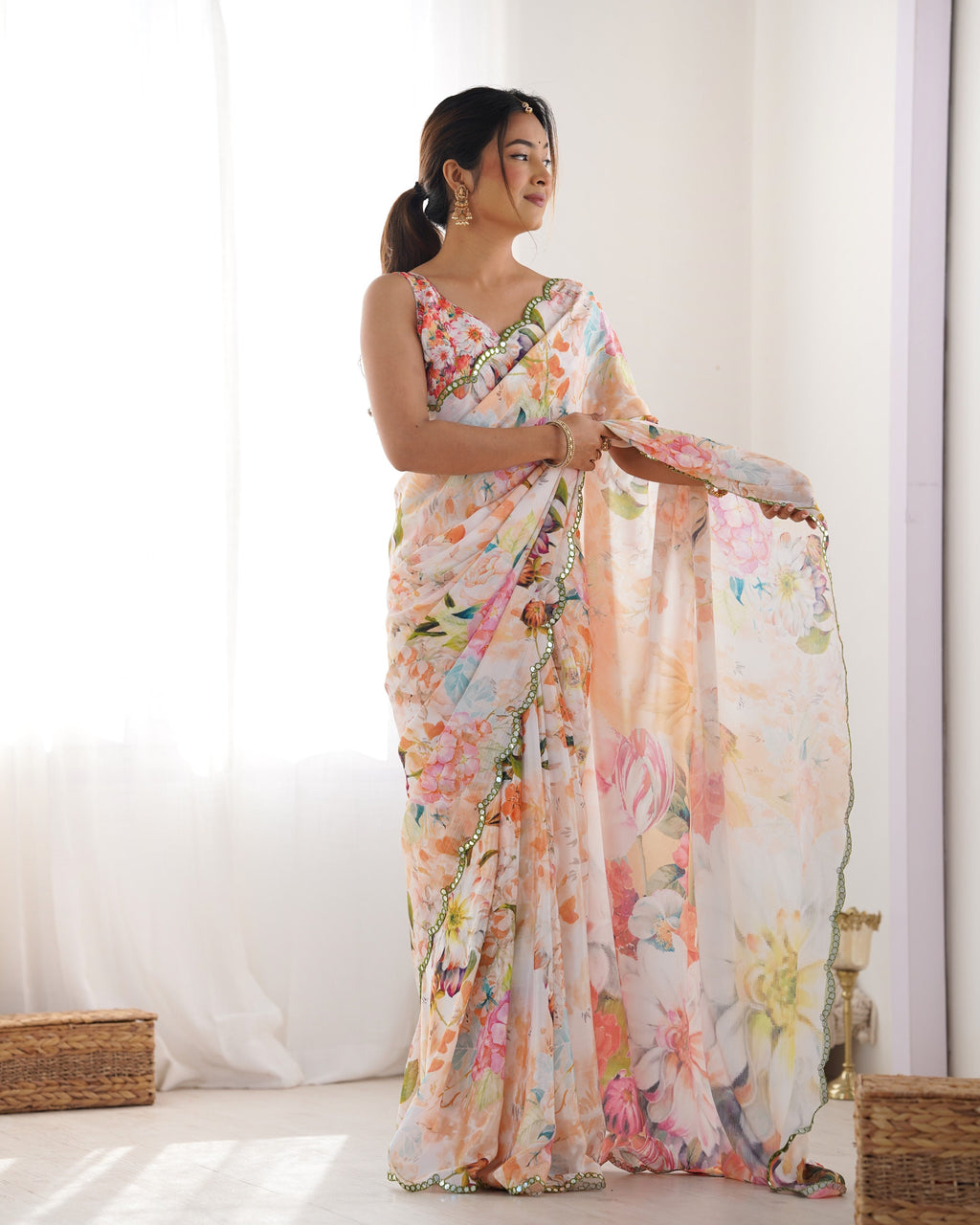 Jyoti Fashion Women's Multicolor Chinon Print with Mirror Work Designer Saree with Blouse - Distacart