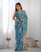 Jyoti Fashion Women's Blue Chinon Print with Mirror Work Designer Saree with Blouse - Distacart