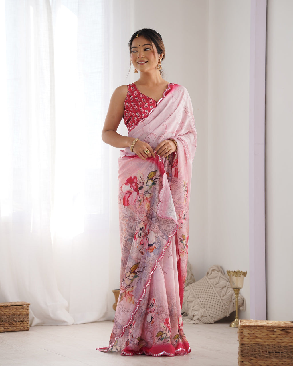Jyoti Fashion Women's Pink Chinon Print with Mirror Work Designer Saree with Blouse - Distacart
