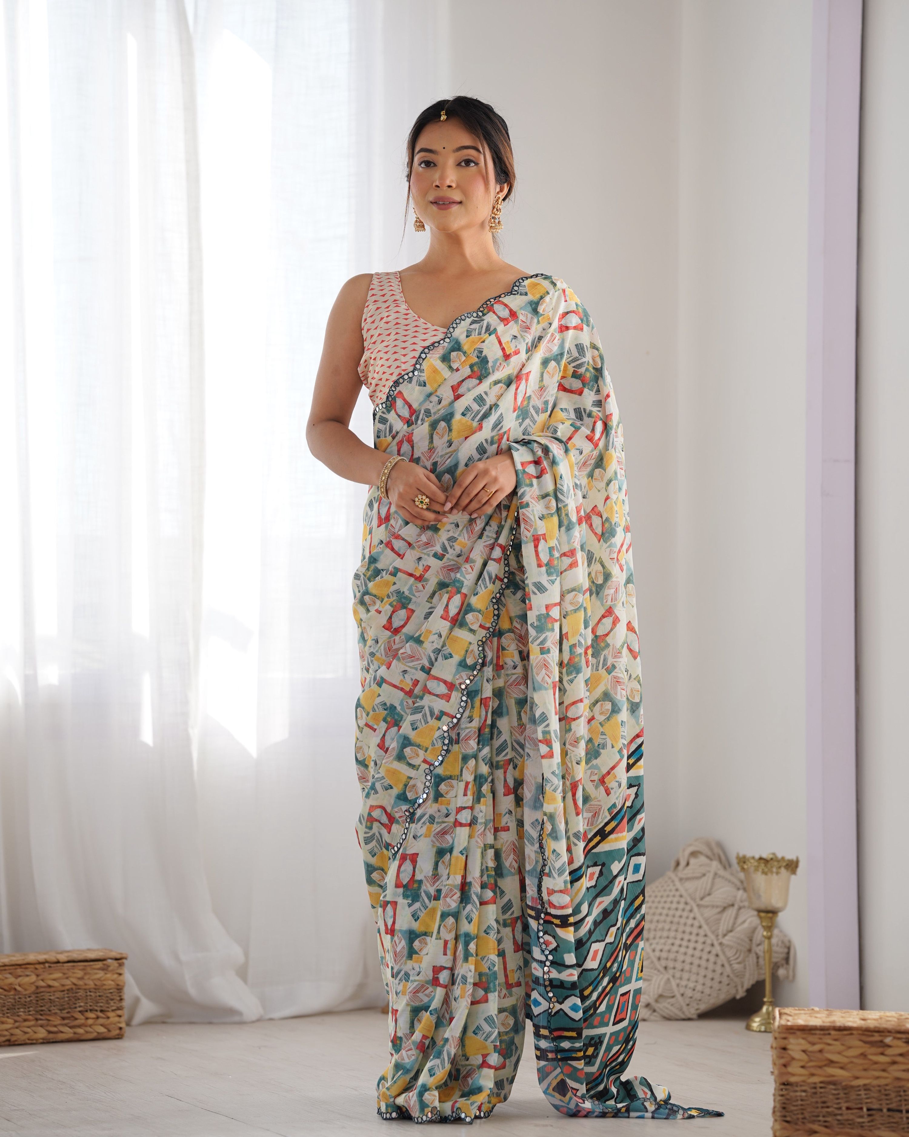 Jyoti Fashion Women's Multicolor Chinon Print with Mirror Work Designer Saree with Blouse - Distacart