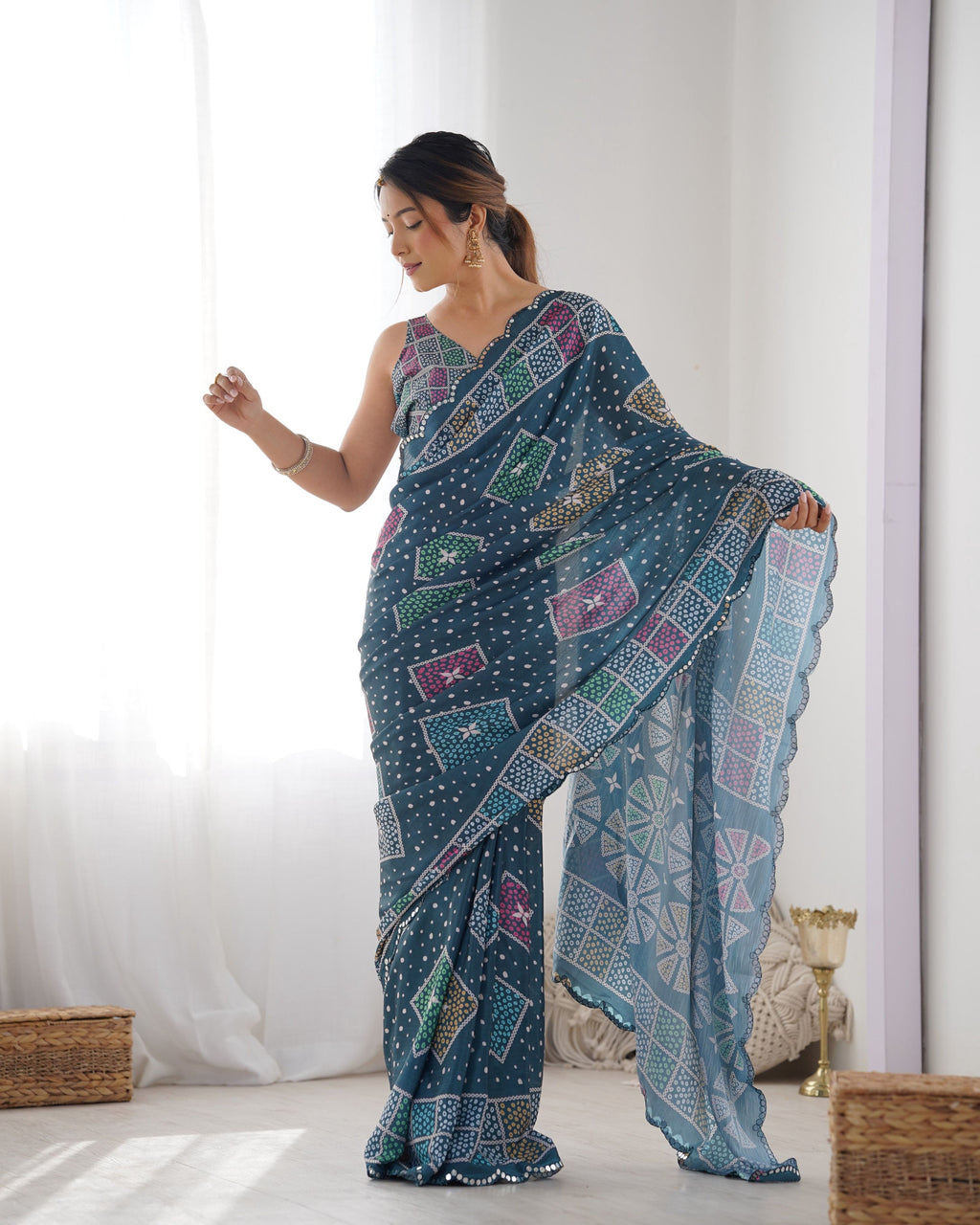Jyoti Fashion Women's Multicolor Chinon Print with Mirror Work Designer Saree with Blouse - Distacart