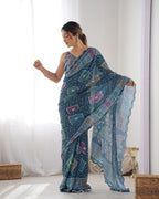 Jyoti Fashion Women's Multicolor Chinon Print with Mirror Work Designer Saree with Blouse - Distacart