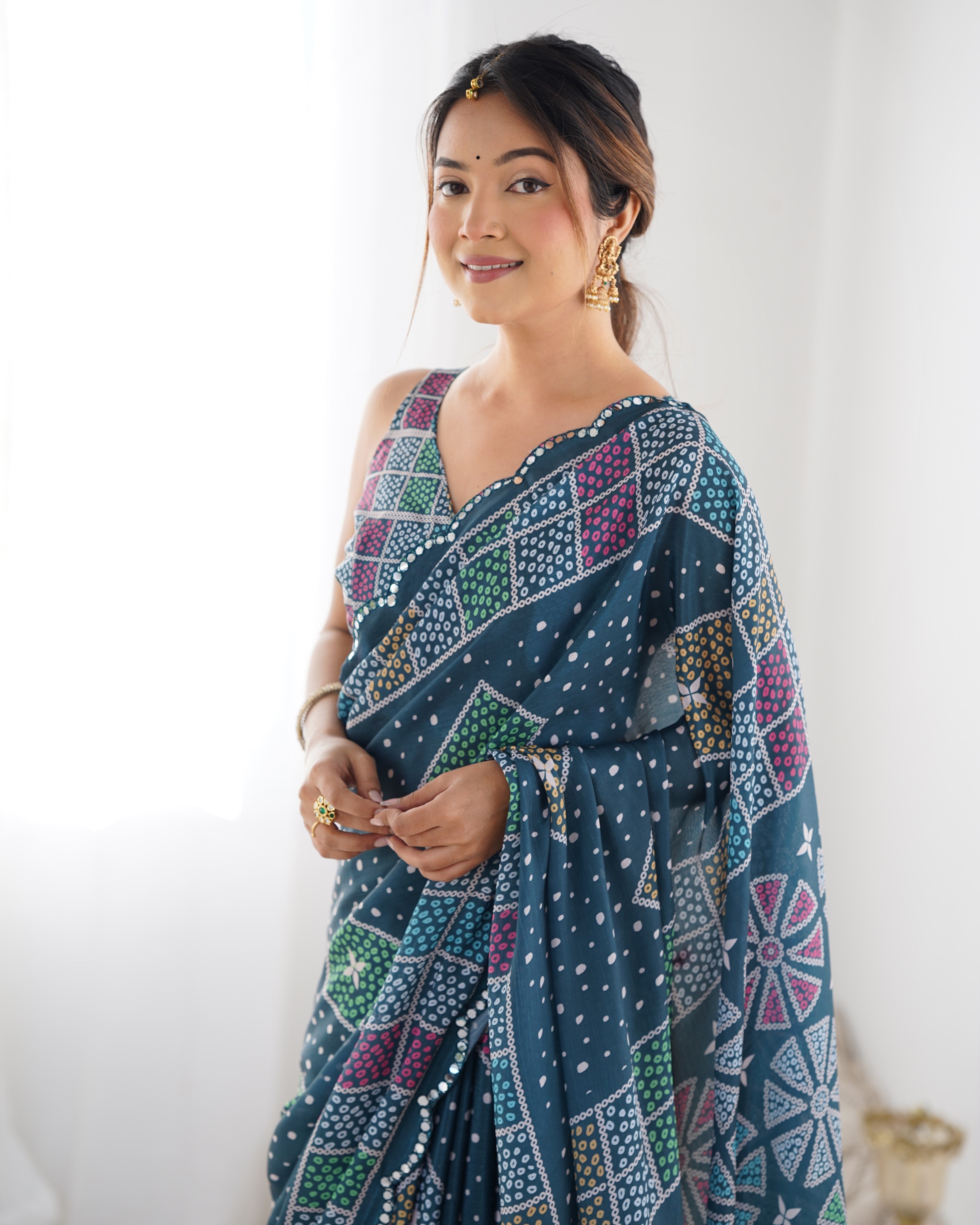 Jyoti Fashion Women's Multicolor Chinon Print with Mirror Work Designer Saree with Blouse - Distacart