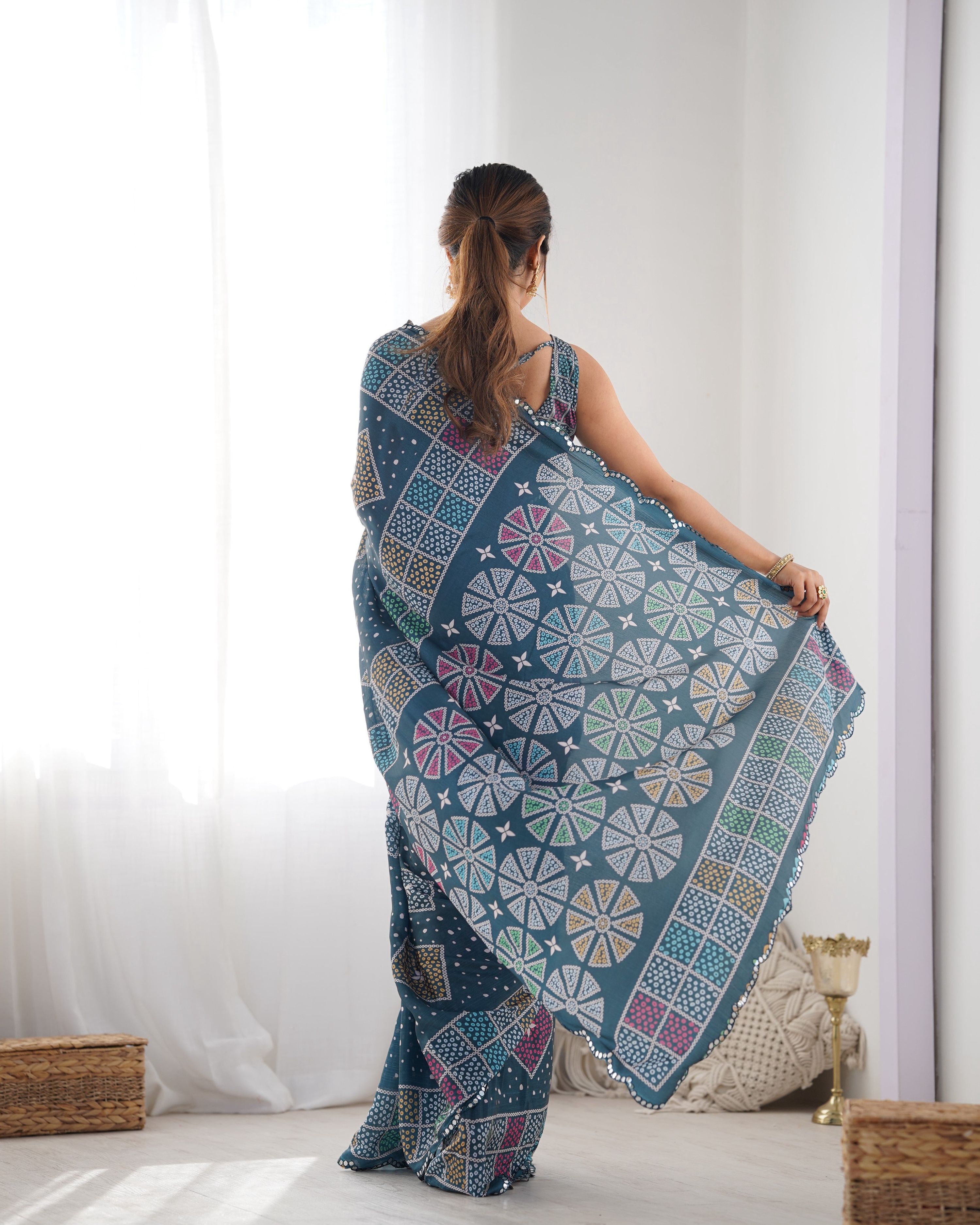 Jyoti Fashion Women's Multicolor Chinon Print with Mirror Work Designer Saree with Blouse - Distacart