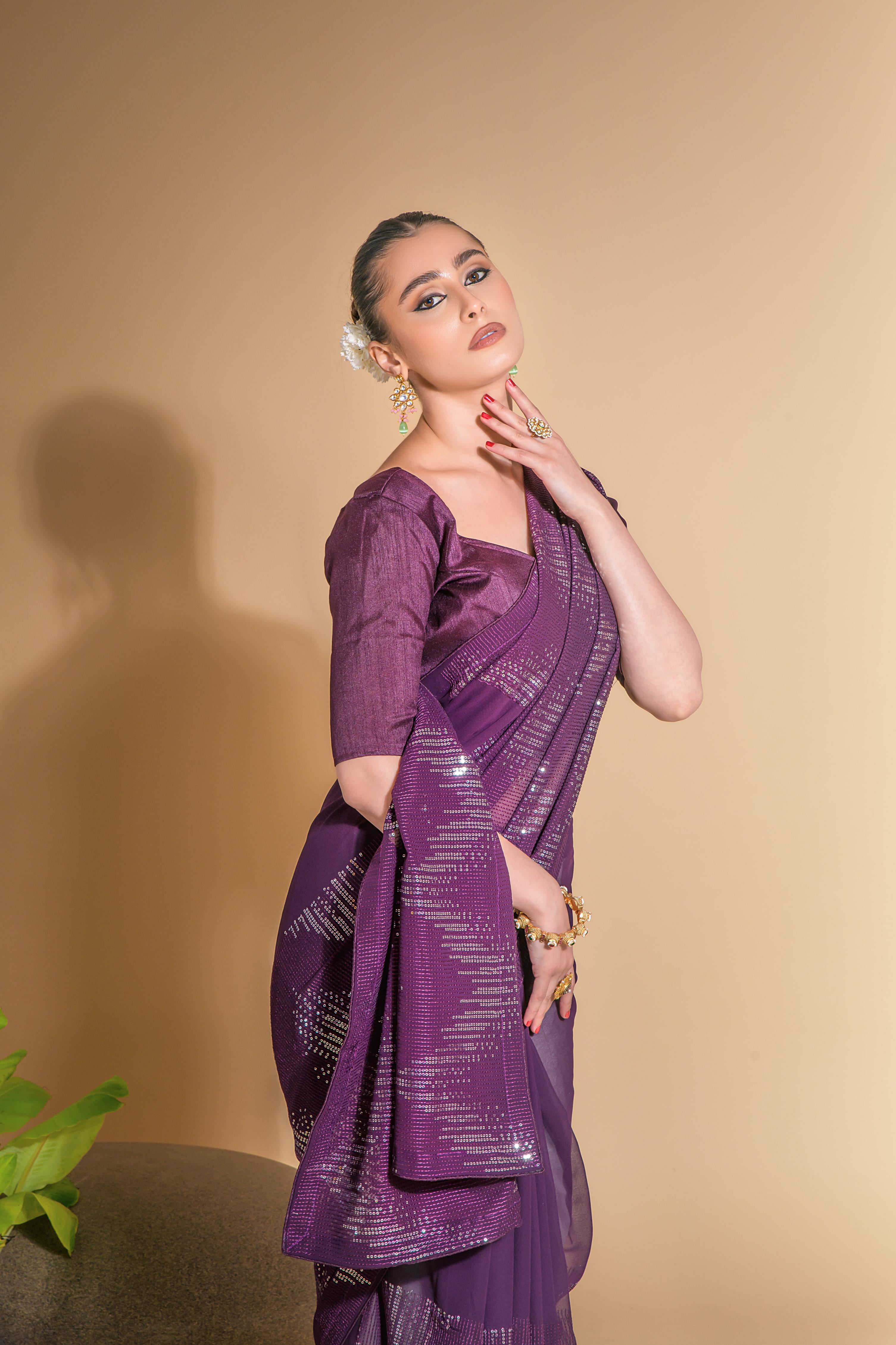 Jyoti Fashion Women's Wine Georgette Sequins Embroidered Designer Saree with Blouse - Distacart