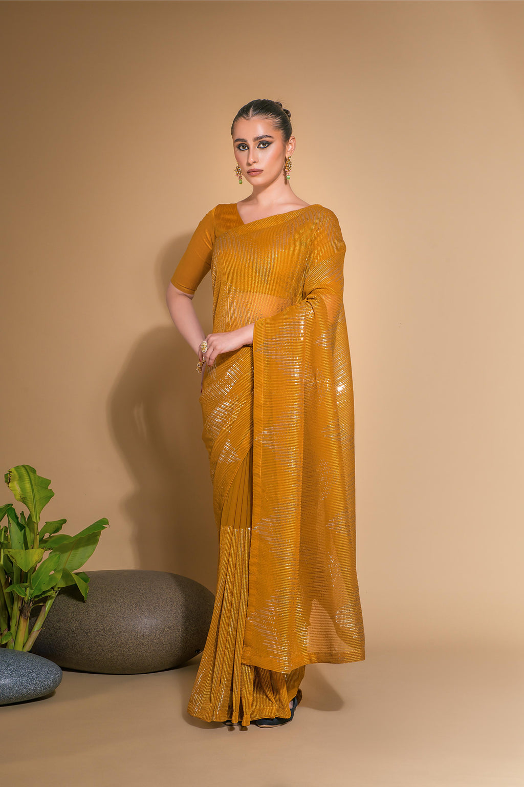 Jyoti Fashion Women's Mustard Georgette Sequins Embroidered Designer Saree with Blouse - Distacart