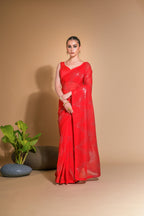 Jyoti Fashion Women's Red Georgette Sequins Embroidered Designer Saree with Blouse - Distacart