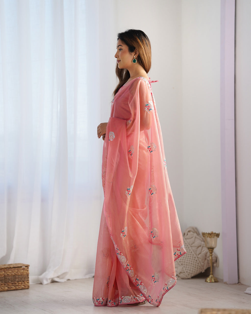 Jyoti Fashion Women's Peach Net Sequins Embroidered Designer Saree with Blouse - Distacart