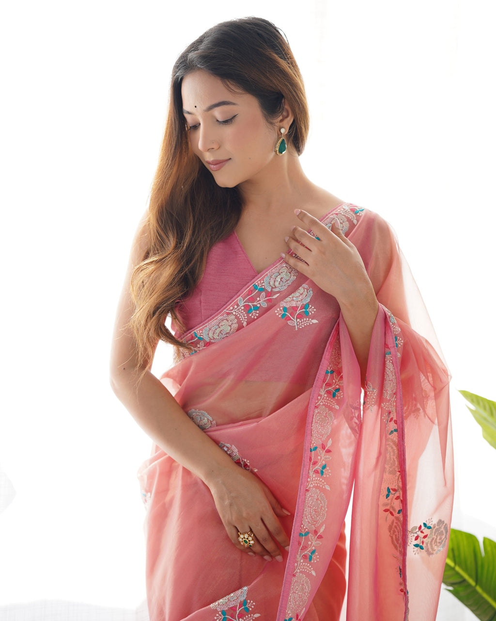 Jyoti Fashion Women's Peach Net Sequins Embroidered Designer Saree with Blouse - Distacart