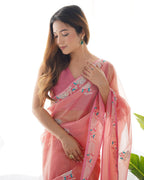 Jyoti Fashion Women's Peach Net Sequins Embroidered Designer Saree with Blouse - Distacart