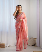 Jyoti Fashion Women's Peach Net Sequins Embroidered Designer Saree with Blouse - Distacart