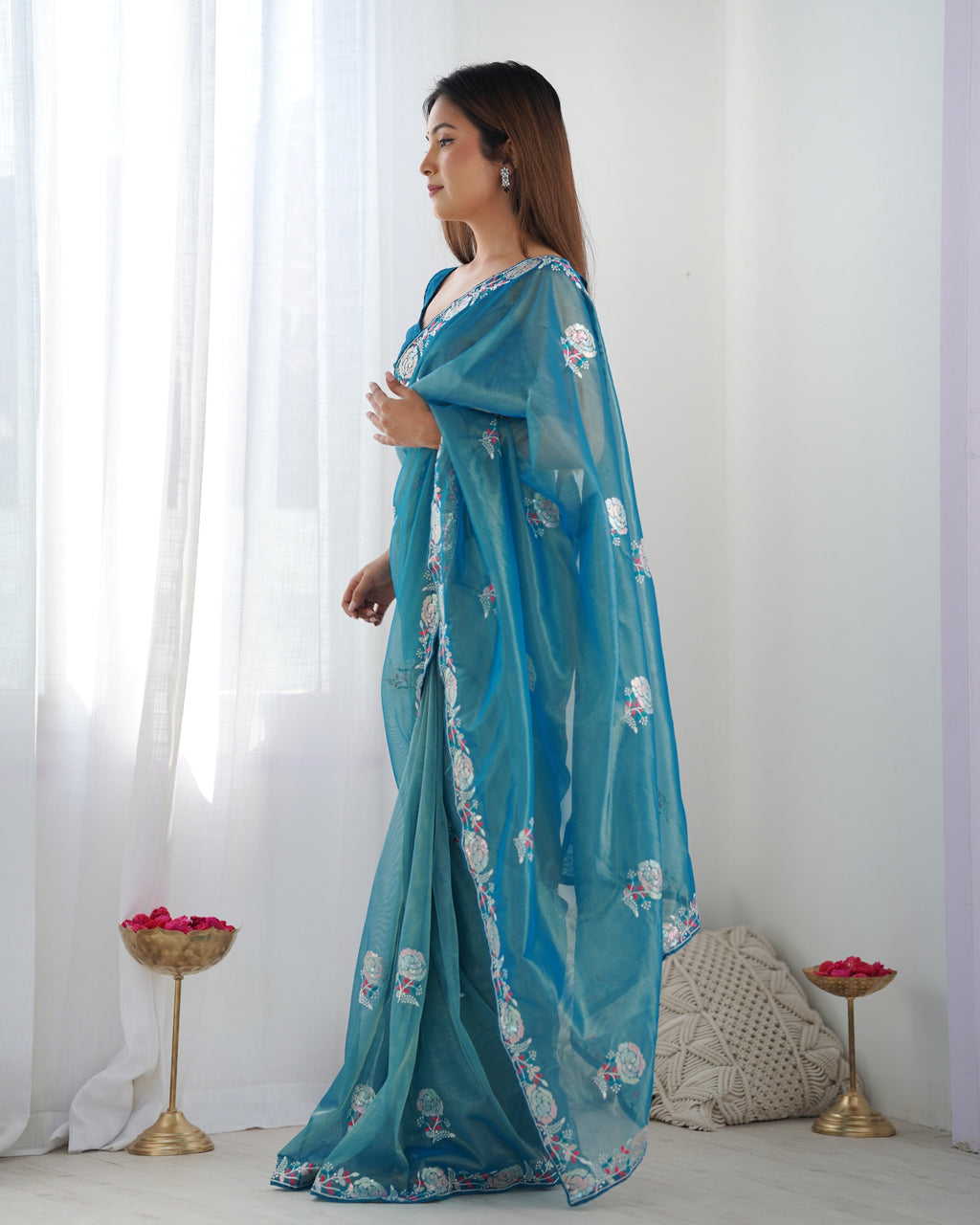Jyoti Fashion Women's Blue Net Sequins Embroidered Designer Saree with Blouse - Distacart