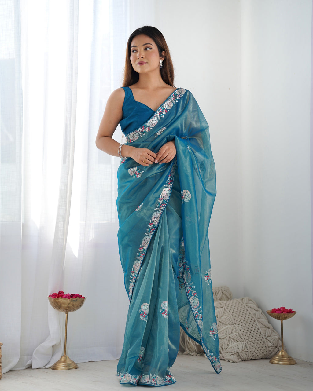 Jyoti Fashion Women's Blue Net Sequins Embroidered Designer Saree with Blouse - Distacart