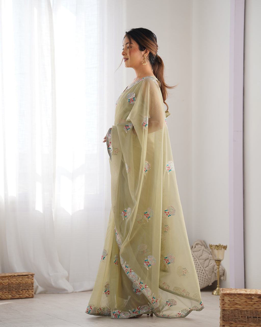 Jyoti Fashion Women's Pista Green Net Sequins Embroidered Designer Saree with Blouse - Distacart