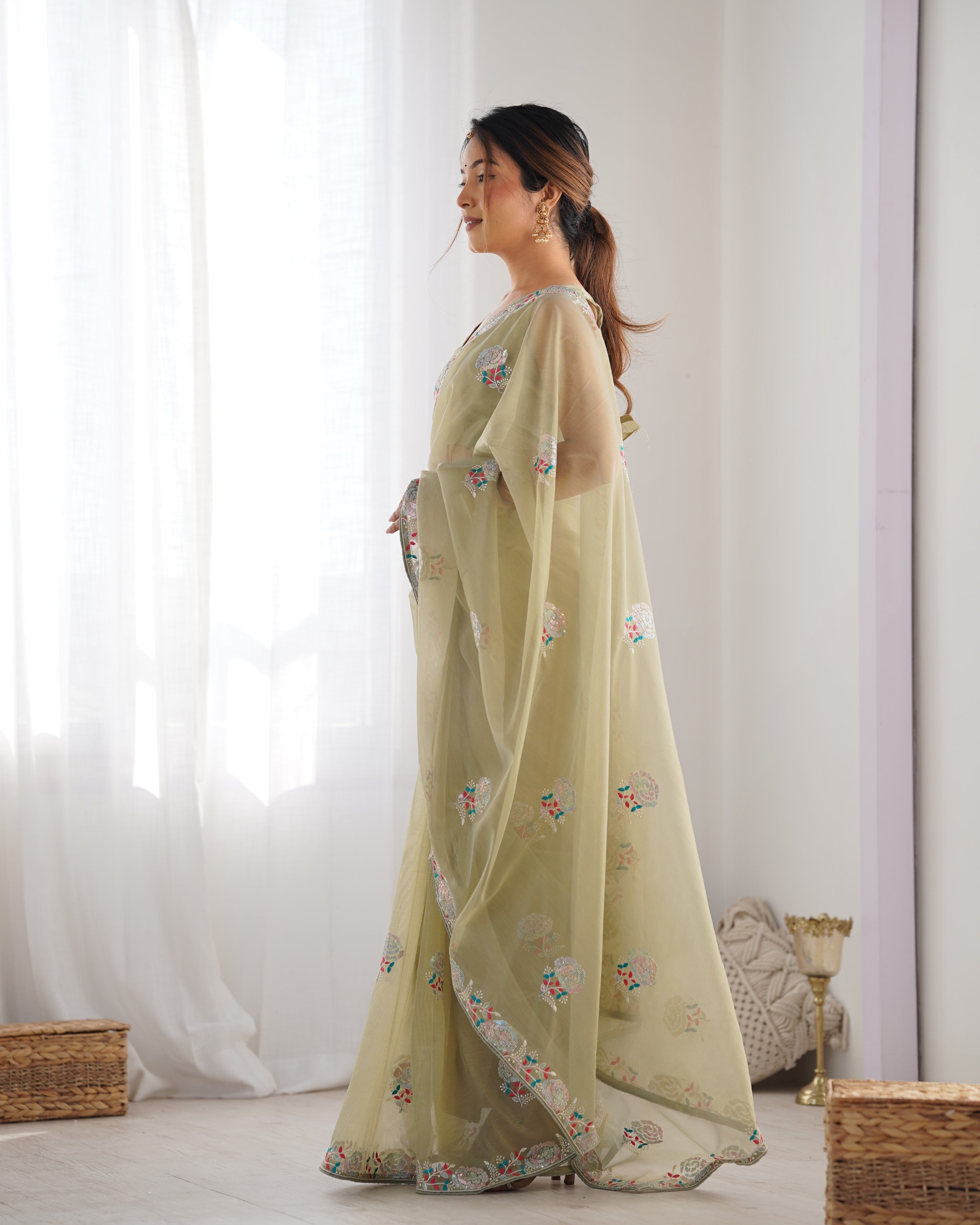 Jyoti Fashion Women's Pista Green Net Sequins Embroidered Designer Saree with Blouse - Distacart