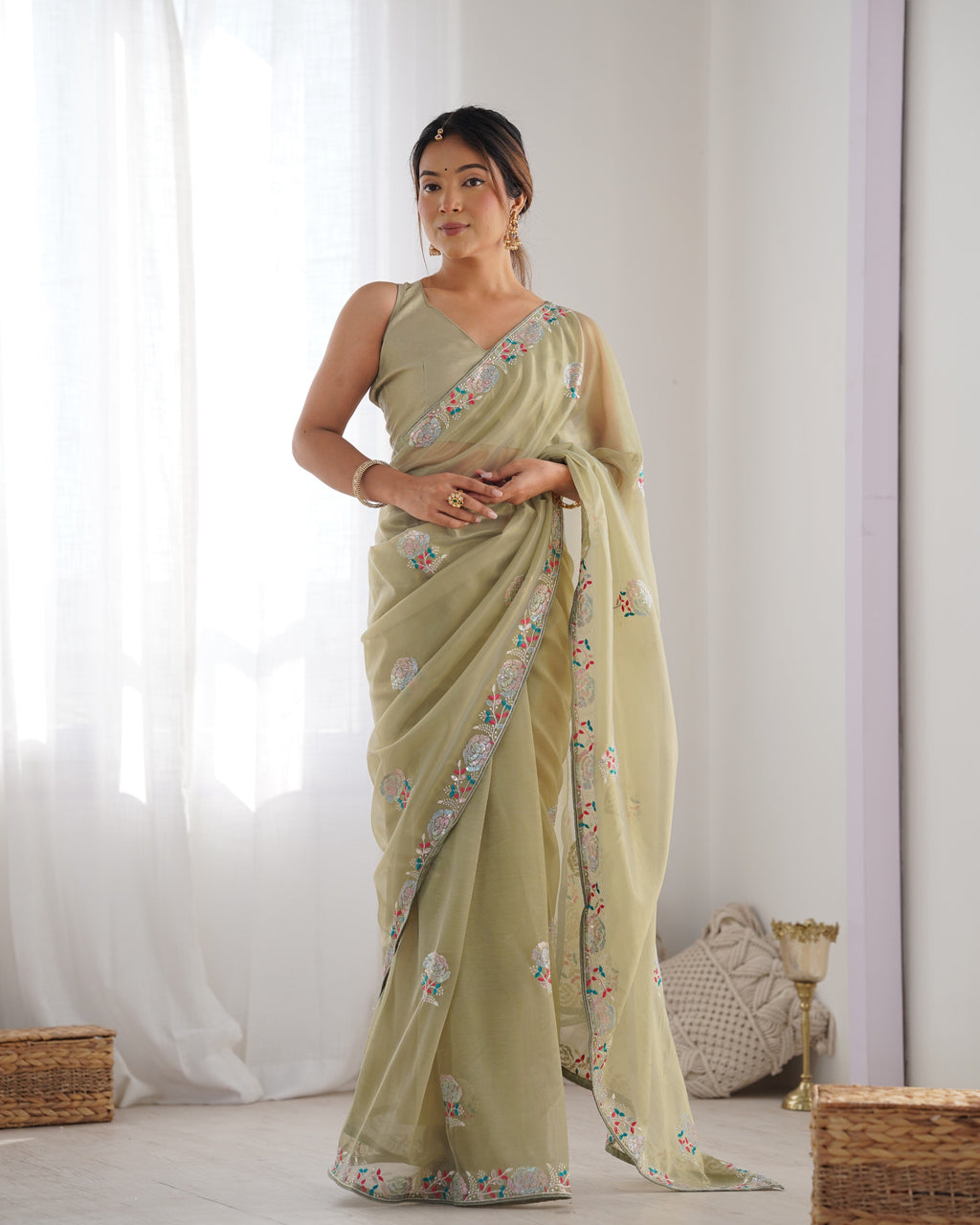 Jyoti Fashion Women's Pista Green Net Sequins Embroidered Designer Saree with Blouse - Distacart