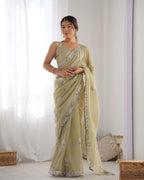 Jyoti Fashion Women's Pista Green Net Sequins Embroidered Designer Saree with Blouse - Distacart