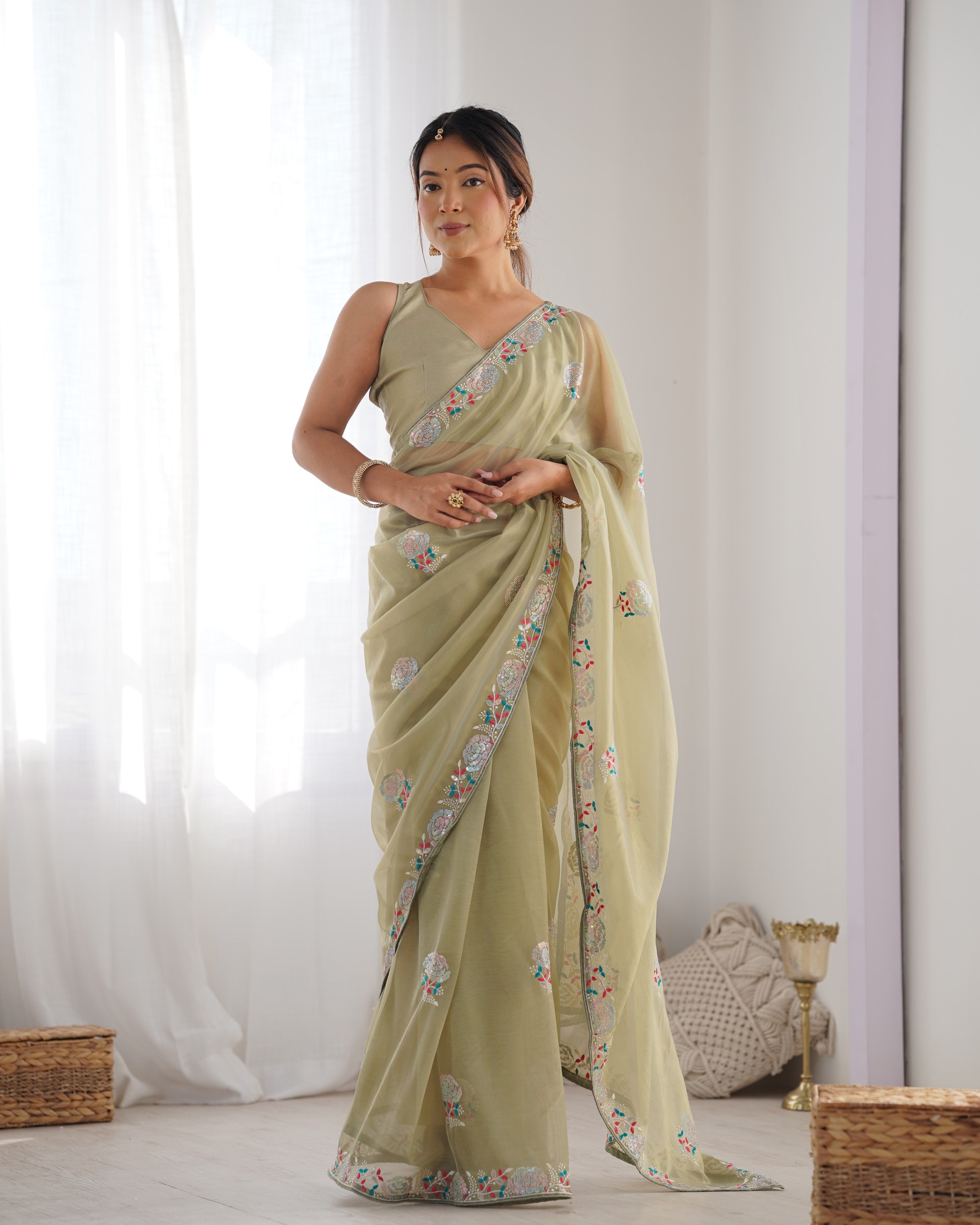 Jyoti Fashion Women's Pista Green Net Sequins Embroidered Designer Saree with Blouse - Distacart