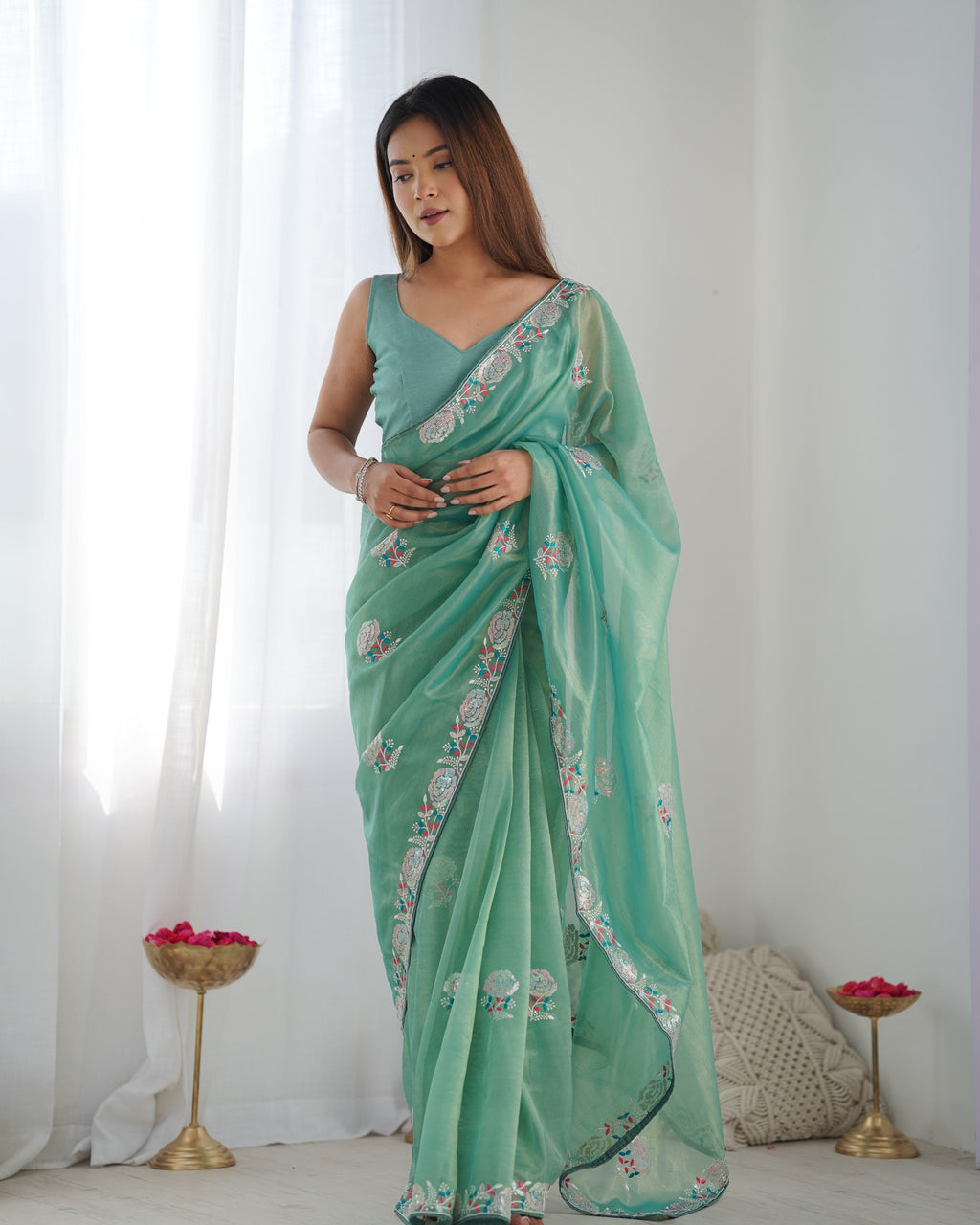 Jyoti Fashion Women's Sea Green Net Sequins Embroidered Designer Saree with Blouse - Distacart