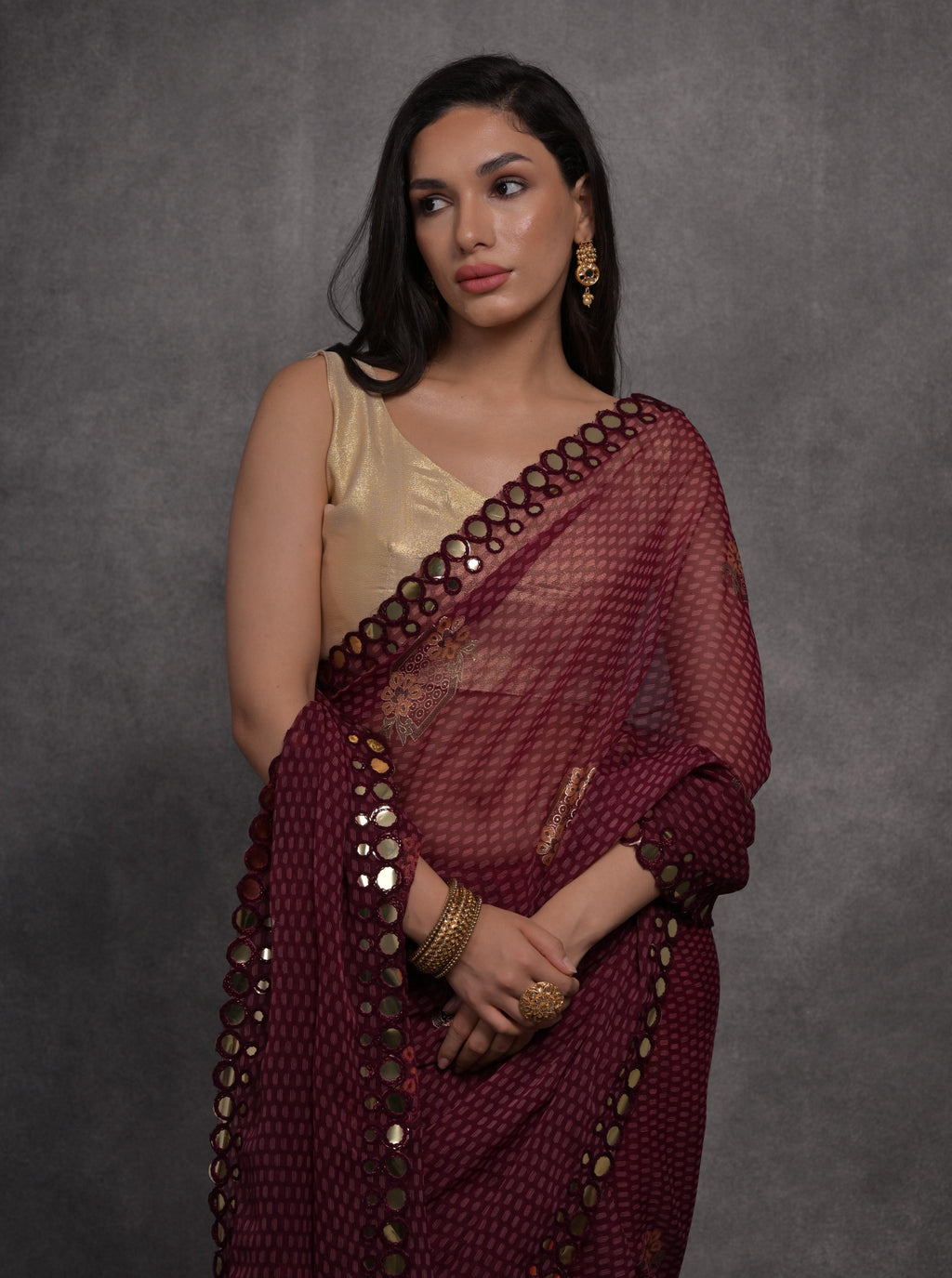 Jyoti Fashion Women's Maroon Chiffon Mirror Work Designer Saree with Blouse - Distacart