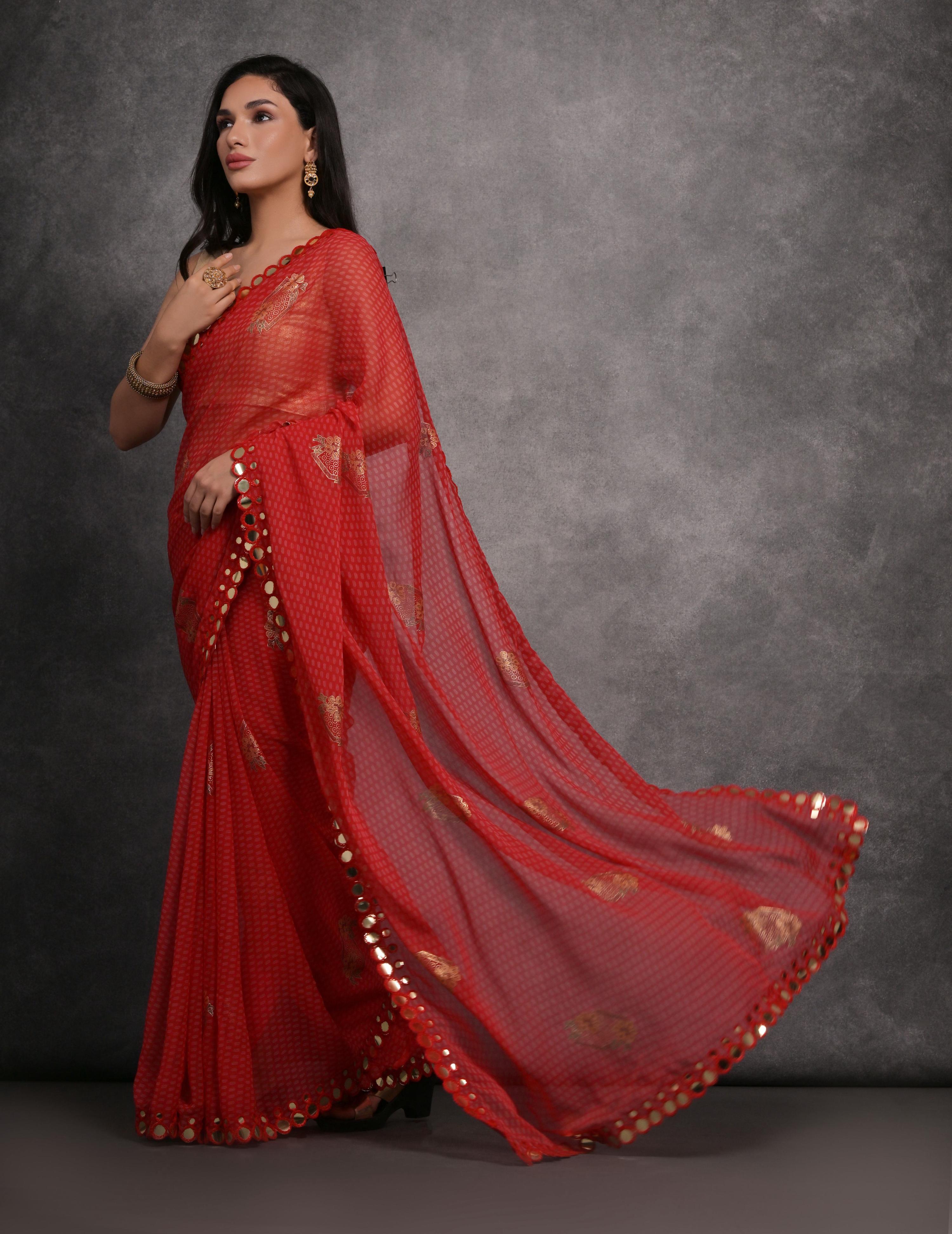 Jyoti Fashion Women's Red Chiffon Mirror Work Designer Saree with Blouse - Distacart